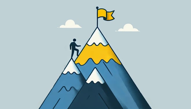 DALL·E 2024-08-02 12.20.59 - A simple and minimalistic illustration of a mountain with a flag at the peak, symbolizing success. The color scheme should be blue, yellow, and grey, 