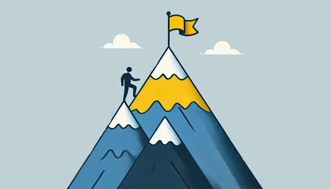 DALL·E 2024-08-02 12.20.59 - A simple and minimalistic illustration of a mountain with a flag at the peak, symbolizing success. The color scheme should be blue, yellow, and grey,