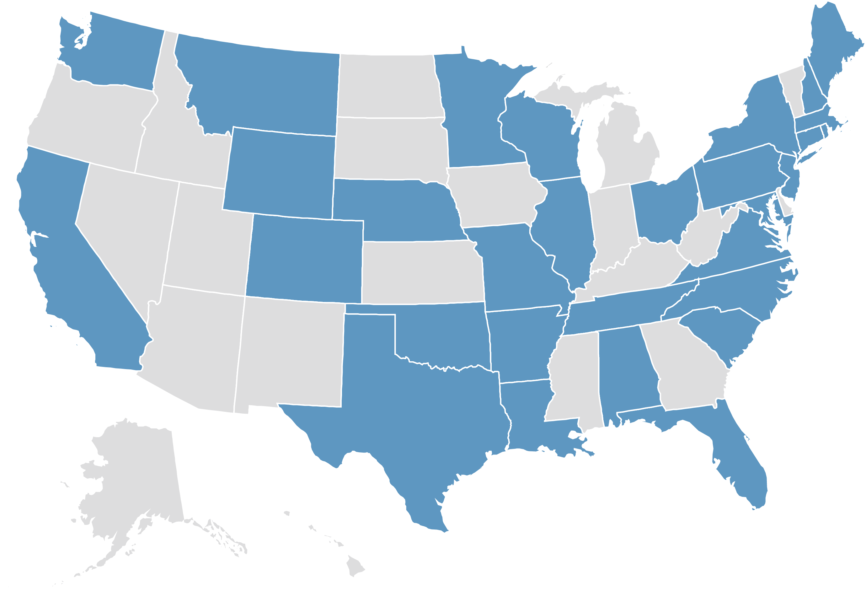 A map of the United States that has some states in grey and others in blue.