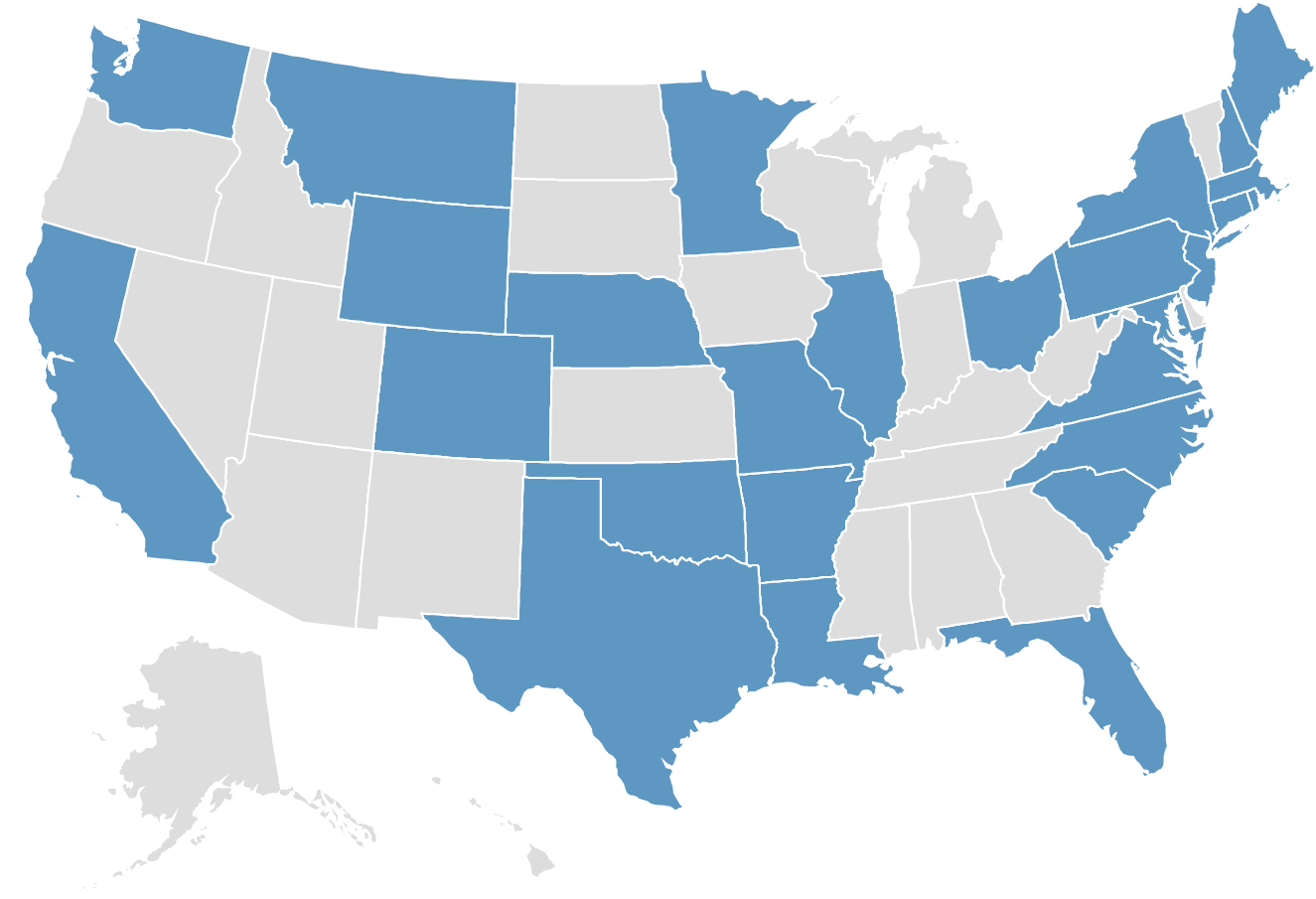 A map of the United States that has some states in grey and others in blue.