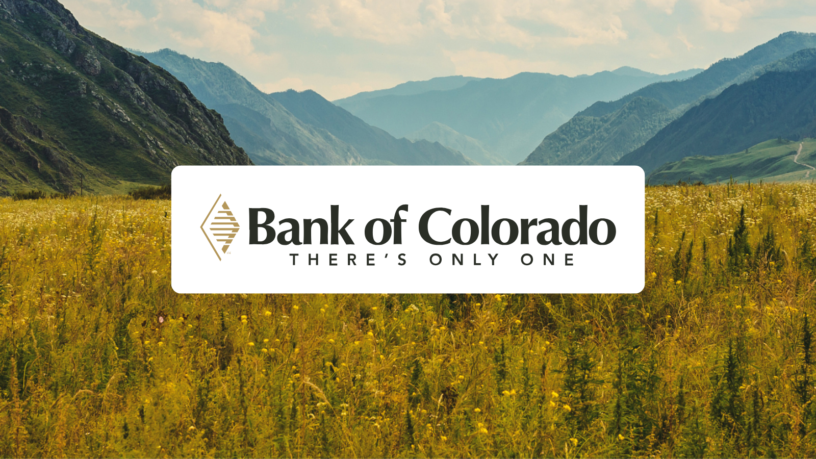 Bank of Colorado logo over a white box against an image of a meadow with mountains in the background. 