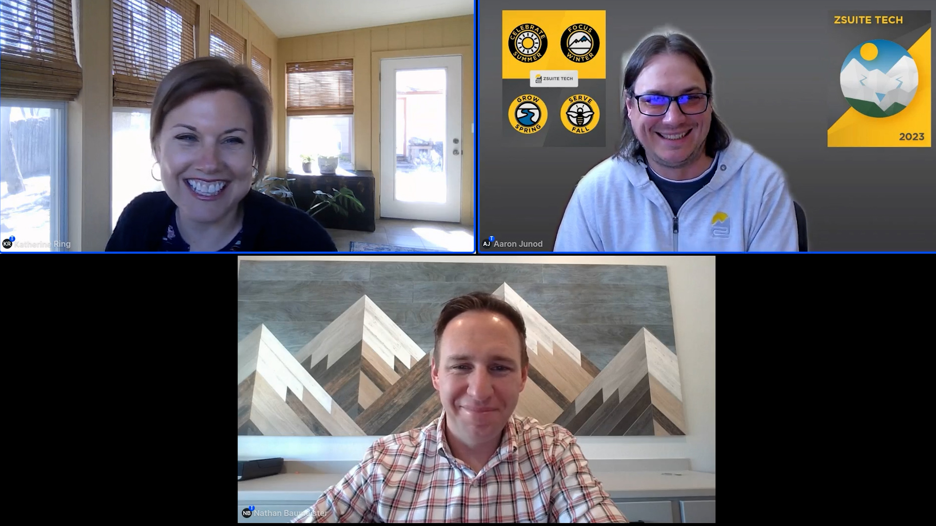 ZSuite CEO Nathan Baumeister, VP of Marketing Katherine Ring, and CTO Aaron Junod appearing on a video conference.