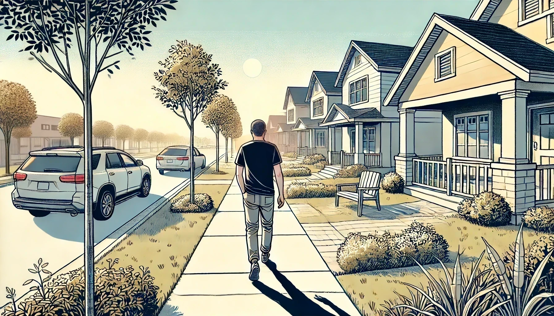 A man walking down the sidewalk with 4 houses to his right. 